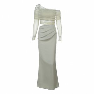 
Starry Goddess High-end One-Shoulder Mesh Dress Annual Party Off-Shoulder High-Waist Hollow Pleated Party Long Dress