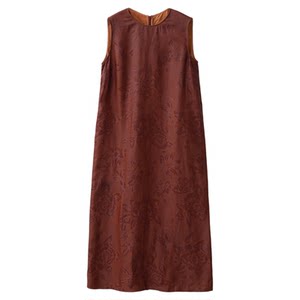 
A trace of the back slit 100% mulberry silk silk red cloud saom flower vest skirt for women round neck sleeveless long skirt summer