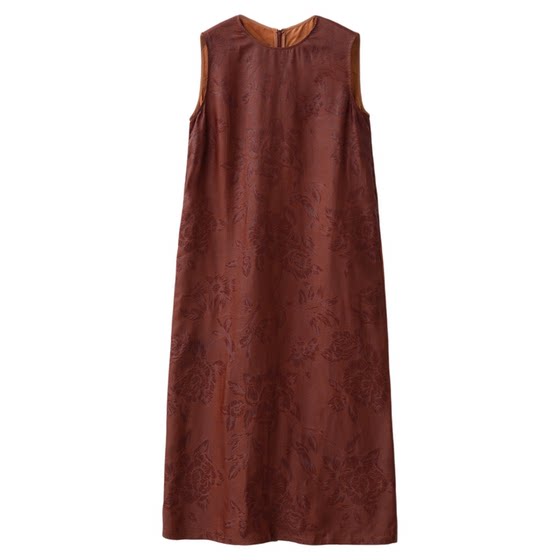
A trace of the back slit 100% mulberry silk silk red cloud saom flower vest skirt for women round neck sleeveless long skirt summer