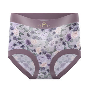 
Thin ice silk high waist women's underwear print 7A antibacterial crotch crotch belly lifting buttocks large size hip-covering high elastic briefs