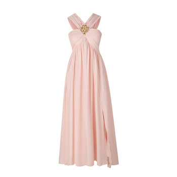Coffee break French sweet pink halter neck dress
