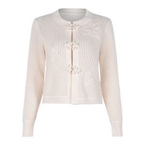 Stubborn autumn new Chinese style buckle round neck jacquard hollow long sleeve knit sweater cardigan jacket for women