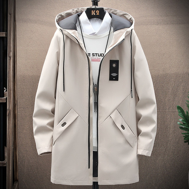 Tooling Jacket Men's Spring and Autumn Hong Kong Style Handsome Windbreaker Jacket Loose Tide Brand Mid-length Hooded Gown