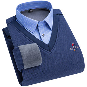 
Paul warm shirt men fake two-piece cardigan plus velvet thickened shirt collar middle-aged and young daddy knitted sweater