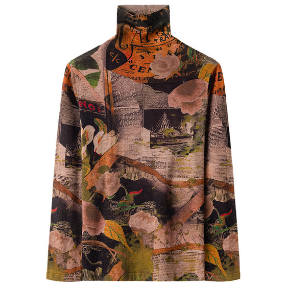 
Middle-aged women's water-soluble 100 wool sweater women's pile collar printed sweater slimming top thin inner layering shirt