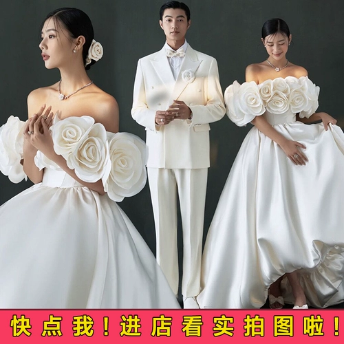 Трехмерное белое корейское свадебное платье для влюбленных, в цветочек, открытые плечи