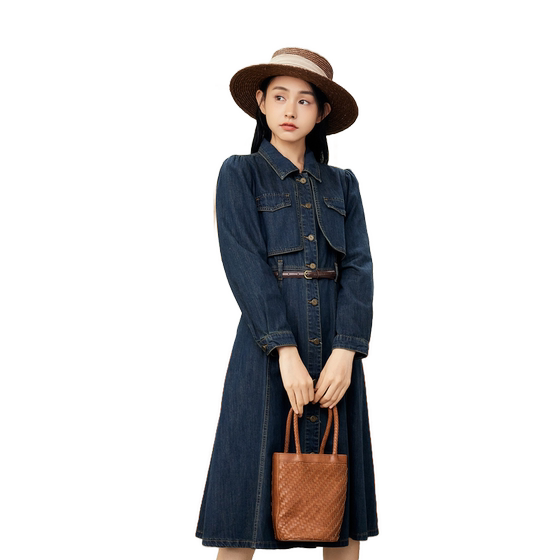 Zihan retro washing blue denim dress for women in spring and autumn new casual high-waist pure cotton mid-length skirt
