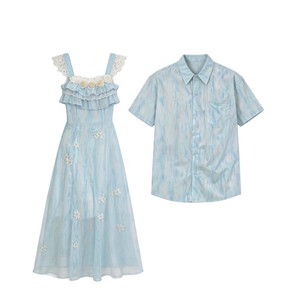 
High-end couple's clothing, summer niche design, Korean style short-sleeved shirts, men's and women's dresses, French style, one skirt and one trendy dress