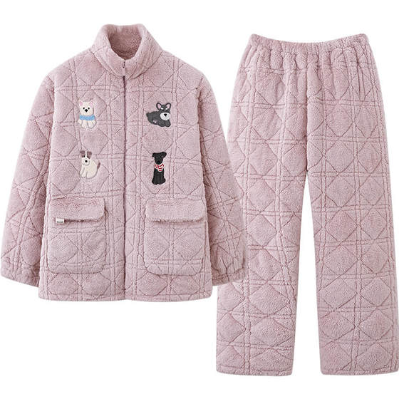 
Princess Mark extra thick three-layer quilted couple pajamas for women winter coral velvet cotton jacket cute puppy home clothes for men