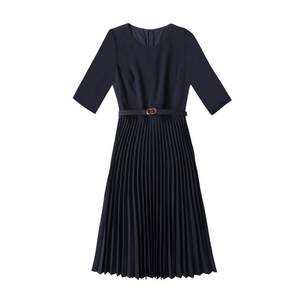 2025 Spring and Autumn New Temperature Slim Lady Clothing A-line Skirt Partial Sleeve Pleated Mid-length Navy Blue Dress