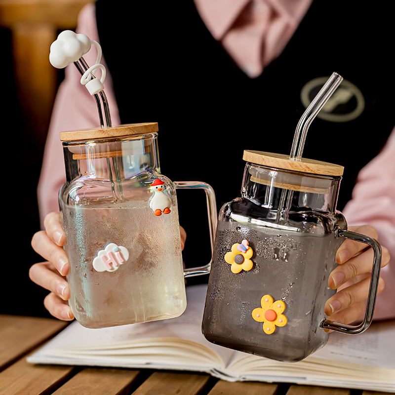 炫彩吸管玻璃杯子带盖家用大容量马克杯女生夏季高颜值咖啡水杯