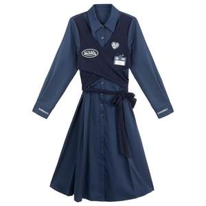 
KEIKO Kochi-style fake two-piece shirt dress for spring commuting with lace-up waist and slim A-line pleated long skirt