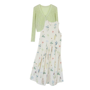 
Maternity dress suit spring and autumn 2026 new Korean style pregnant mother loose small floral vest dress cardigan two-piece set