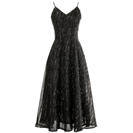 Li Xi's New Vintage Celebrity Style Brilliant Silk Tassel Chiffon Suspended Dress with High Waist Mid length Skirt Small Dress