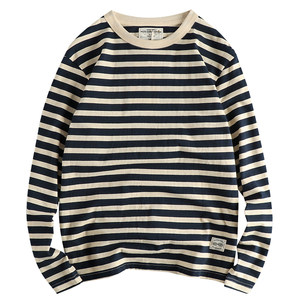 
Ami khaki retro heavyweight double yarn cotton washed long-sleeved T-shirt for men contrasting stripes European and American sea soul bottoming shirt