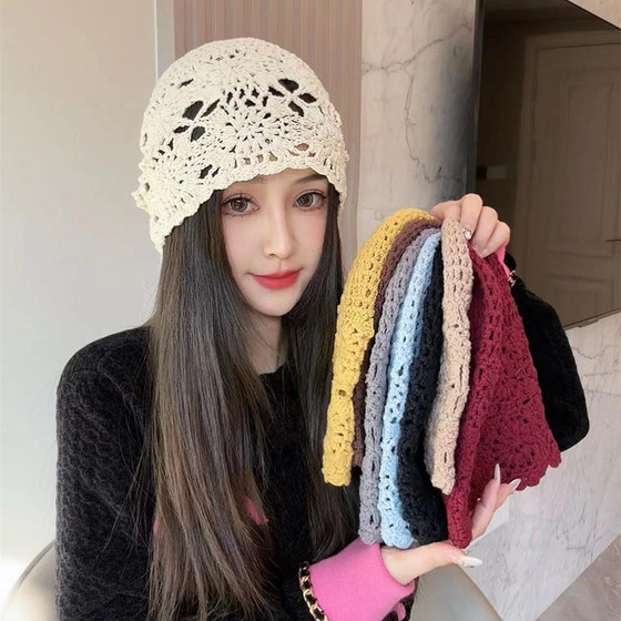 일본 손으로 짠 바오터우 모자 여성 봄, 여름 얇은 중공 모직 모자 복고풍 문학 니트 모자 파일 모자