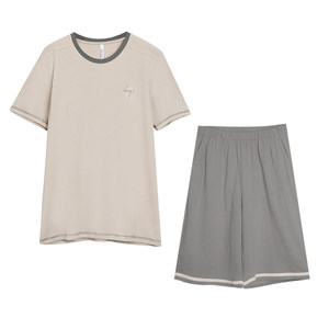
Red bean men and women's pure cotton round neck pajamas set casual and can wear round neck pullover short sleeve shorts home clothes