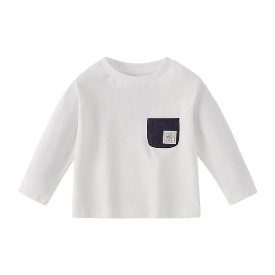 
jellybaby boys long-sleeved T-shirt spring round neck casual simple top versatile bear patch pocket children's clothing