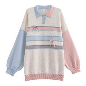
Mori Girl Tribal Sweet Style Versatile Polo Collar Pullover Sweater Women's New Striped Contrast Color Loose Sweater Winter