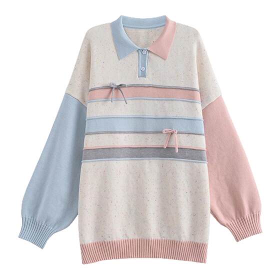 
Mori Girl Tribal Sweet Style Versatile Polo Collar Pullover Sweater Women's New Striped Contrast Color Loose Sweater Winter