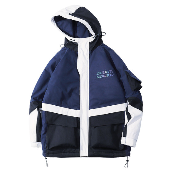 GUUKA trendy brand navy blue patchwork cotton jacket for male couples, hip-hop cotton jacket for winter hooded jacket for men, thickened and loose fitting
