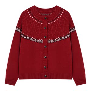 
Basic House/Baijiahao Fair Isle jacquard knitted cardigan women's loose lazy style round neck sweater jacket