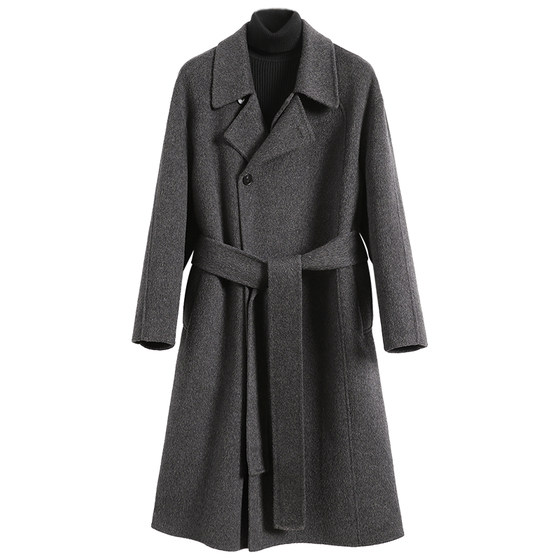 
Fashionable double placket pure wool double-sided woolen coat men's lapel mid-length belt woolen windbreaker woolen coat