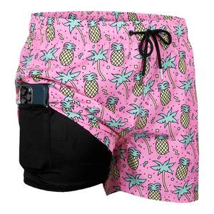 Pink pineapple print shorts Men's beach pants fast dried can be dropped water double -layer anti -embarrassing seaside holiday hot spring swimming trunks
