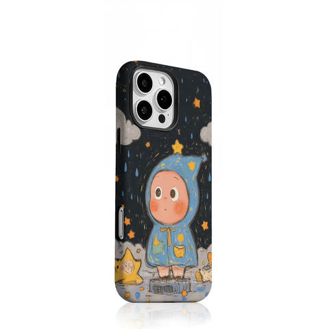 Cute Cartoon Character Blue Raincoat with Stars and Clouds iPhone Case