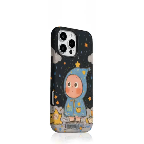 Cute Cartoon Character Blue Raincoat with Stars and Clouds Phone Case for iPhone 17, 16, 15, 14 and 13