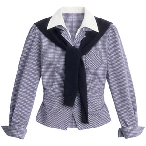 
fragileheart fragile store smart preppy waist plaid lapel long-sleeved shirt commuter style top