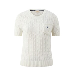 
[100% Cotton] Eland Knitted T-shirt Women's Cable Round Neck Slim Fit Short-Sleeved Top Summer Style
