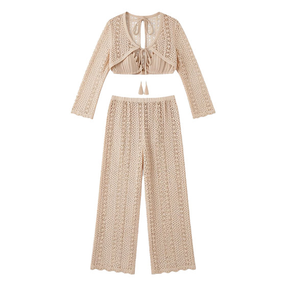 
European and American swimwear hot girls long pants long-sleeved blouse split bikini seaside resort style hot spring sexy swimsuit for women