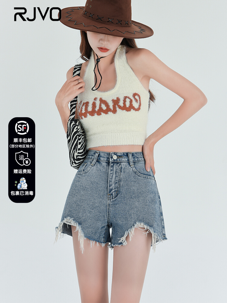 RJVO Ripped Denim Shorts Female 2022 Summer Thin Section Loose Korean Version High Waist A-Line Thin All-match Shorts