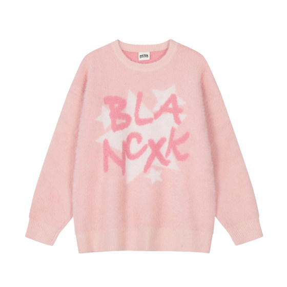 
HTTAOSUP mohair lazy style soft glutinous sweater sweater for women spring and autumn dopamine towel embroidered letter top