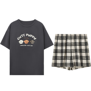 
Red bean cool pajamas soft cotton short-sleeved men and women loose casual summer thin pullovers can be worn outside home clothing suit