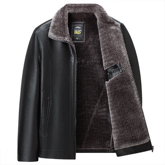 
Woodpecker soft leather jacket for men in autumn and winter plus velvet and thickened leather jacket for middle-aged and elderly dads imitation sheepskin genuine leather lapel jacket