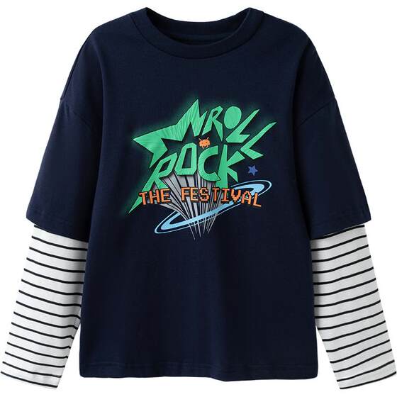 
Balabala boys long-sleeved T-shirt, medium-sized children's pure cotton fake two-piece base shirt, spring and autumn clothes, new children's clothing, children's clothing