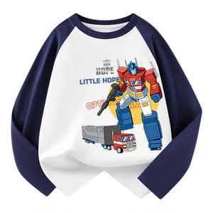 
Boys long-sleeved t-shirt 100% cotton 2026 spring and autumn boys cartoon robot clothes medium and large children's tops