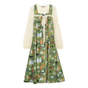 
KEIKO Oil Painting Pastoral Style Green Small Floral Dress Autumn Mint Mambo Holiday Square Neck Slim Long Dress