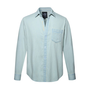 GIEVES Charles American retro cotton light blue water washing V -neck stroke embroidered denim shirt long -sleeved men