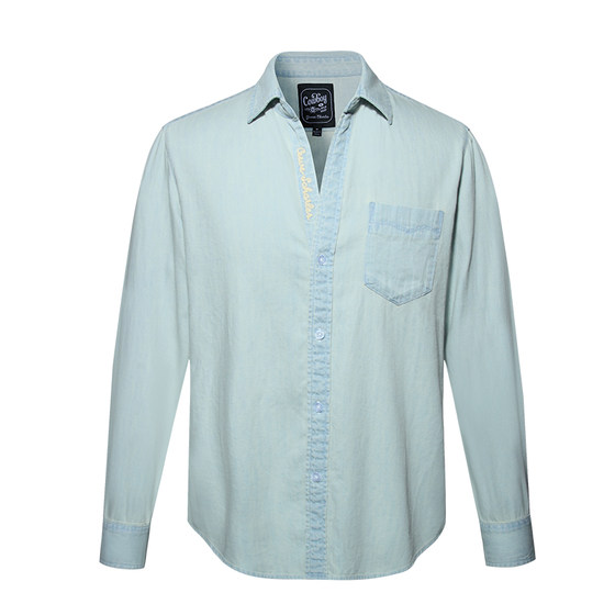 GIEVES Charles American retro cotton light blue water washing V -neck stroke embroidered denim shirt long -sleeved men
