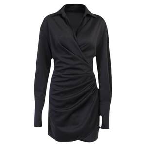 Instunning European and American long -sleeved shirt dress female autumn slim folds 御 姐 姐 i i i hip skirt
