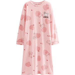 Fenten women's nightgown in spring and autumn new pure cotton long-sleeved pajamas dress cartoon cute casual cotton home clothes