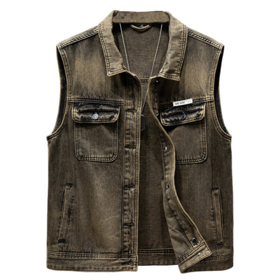 
American retro yellow mud-colored denim vest for men 202 spring new trendy brand spring and autumn style sleeveless vest vest trendy