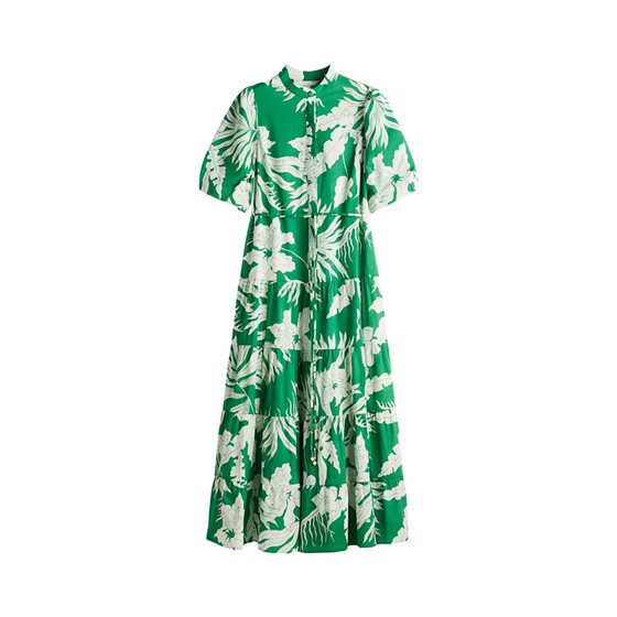 
HM Women's Dress Spring Chinese Stand Collar Tie Waist Plant Print Long Skirt 1275645