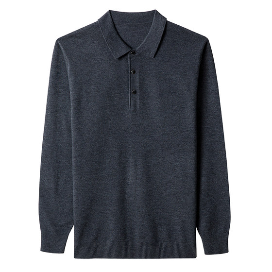 Chunzhu 100 pure cardigan men's spring and autumn lapel T-shirt thin long-sleeved middle-aged striped loose knitted base sweater
