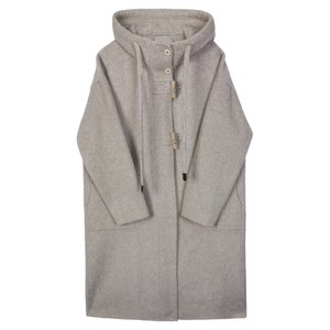 
Bruland French retro preppy style horn button hooded woolen coat, loose mid-length double-sided woolen coat