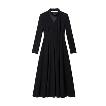 
Blue V-neck French streamer waist-hugging temperament dress