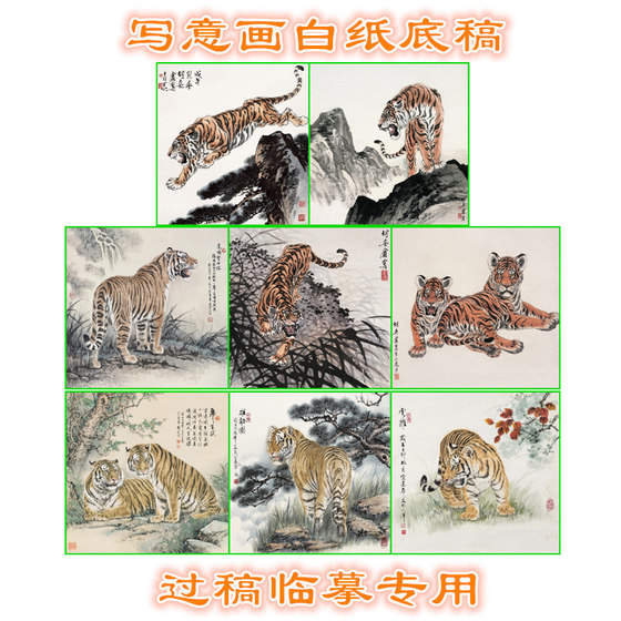 3G46老虎猛兽类动物写意画白描底稿线描画稿过稿临摹专用斗方幅